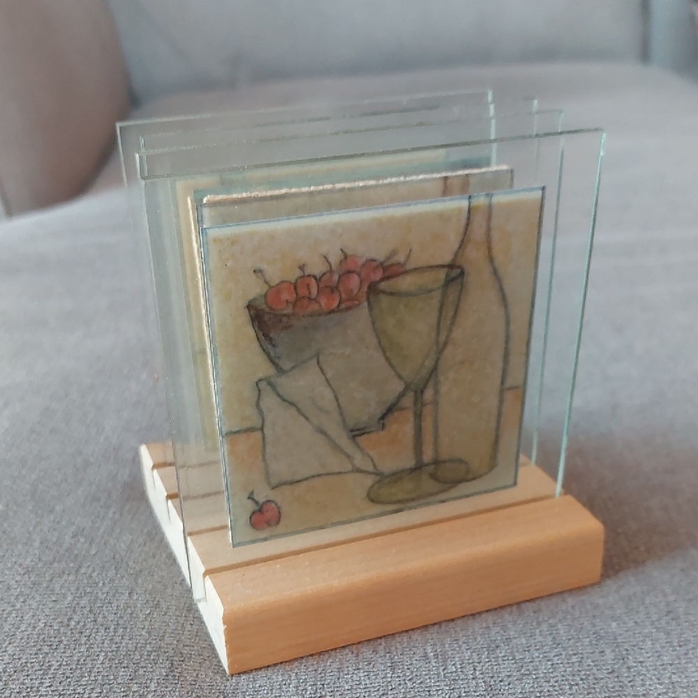 Set Of 4 Glass Coaster Set with All Different Fruit and Wine Designs, With Stand